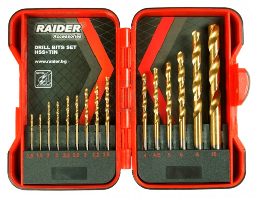 Свредла за метал 15бр. Ø1.5-10mm к-т HSS+TIN Raider