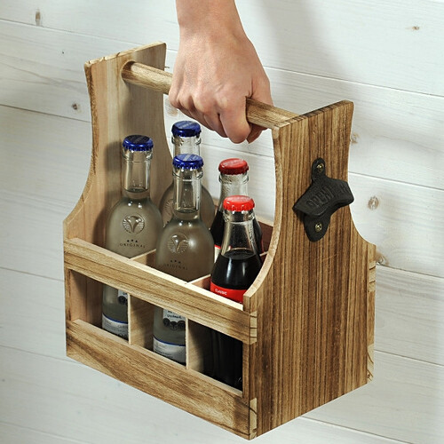 Дървена поставка за 6 бирени бутилки с отварачка Kesper