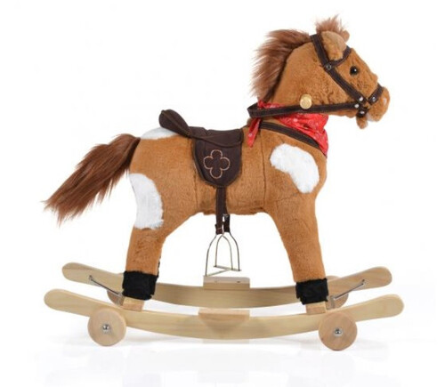 Детска люлка плюшено конче Moni Toys Thunder, цвят каки, колелца