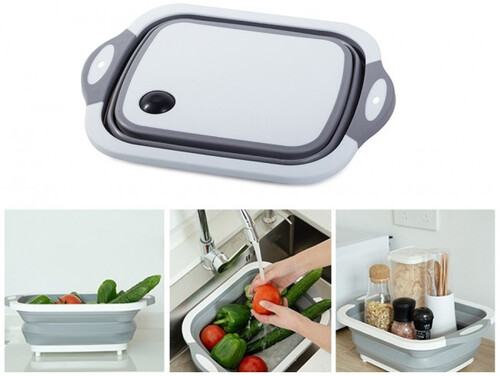 Сгъваема силиконова купа с отцедител и дъска за рязане 2 в 1