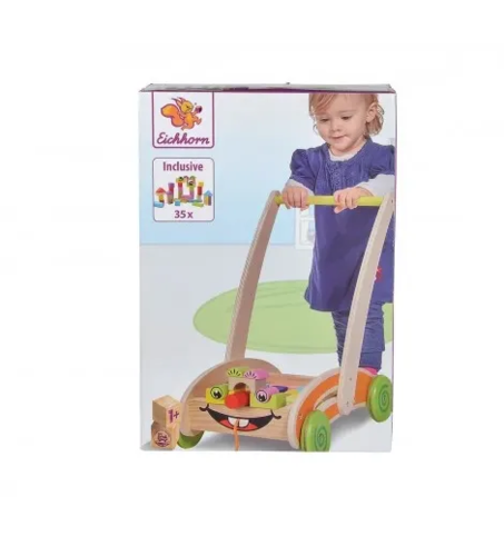 Детска дървена количка за бутане с блокчета Eichhorn 35 части