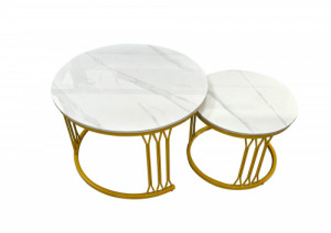 Комплект от 2 кръгли холни маси KAMILIA – бял мрамор и злато