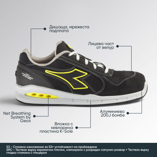 Ниски работни обувки -бомбе Diadora RUN NET AIRBOX Low S3 –Черни