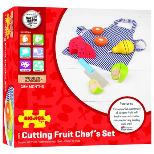 Детски кухненски комплект с дървени плодове за рязане Bigjigs