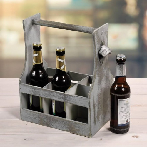Дървена поставка за 6 бутилки бира с отварачка – KESPER Германия