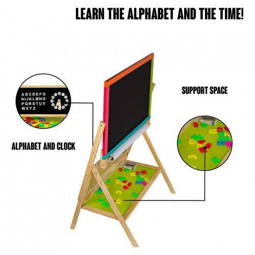 Детска дървена дъска статив 3 в 1 с черна и бяла магнитна дъска