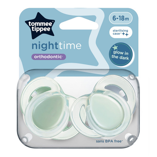 2 бр. залъгалки Tommee Tippee Night Time 6-18 м-бяло и зелено