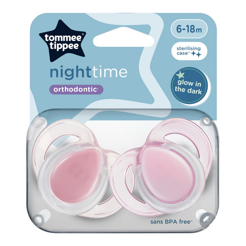 2 бр. залъгалки Tommee Tippee Night Time 6-18 м-бяло и розово